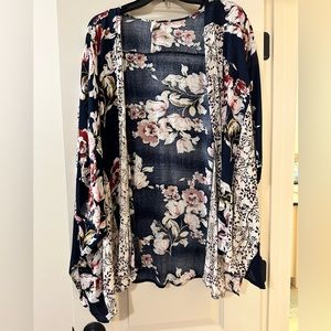 Floral navy, pink, and white Pinkblush kimono. One size fits all.